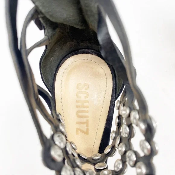 Schutz Size 6B Black Stiletto Heel Sandals with Bejeweled Rhinestone Ankle Strap - Picture 7 of 10